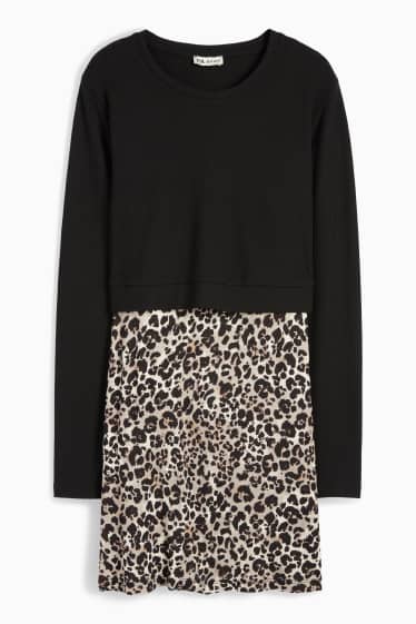 Damen - Still-Langarmshirt - 2-in-1-Look - Leo-Print - strukturiert - schwarz / beige