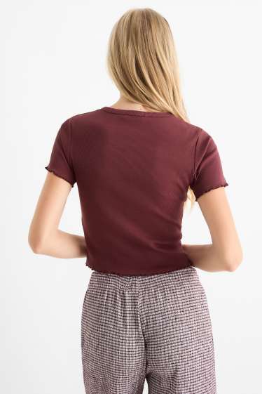Donna - Maglia corta con abbottonatura - a coste - bordeaux