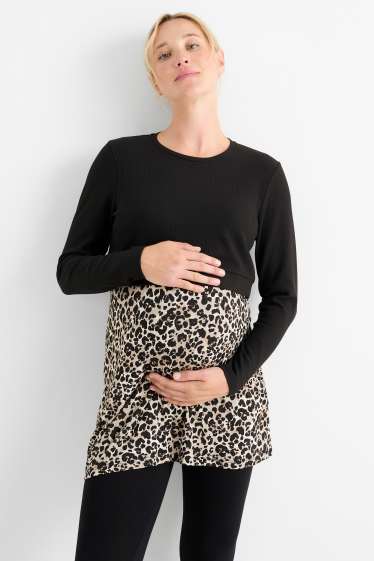 Damen - Still-Langarmshirt - 2-in-1-Look - Leo-Print - strukturiert - schwarz / beige