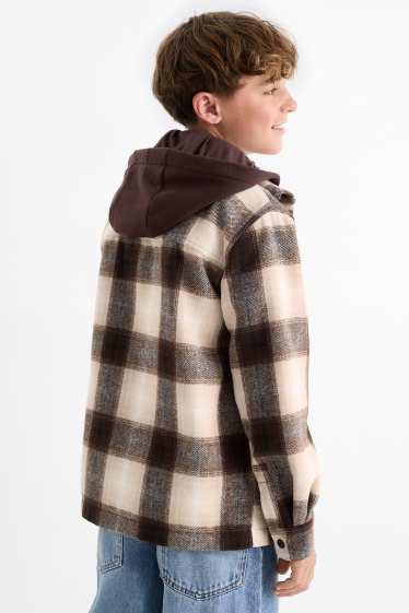 Kinder Jungen - Hemdjacke mit Kapuze - kariert - beige / braun