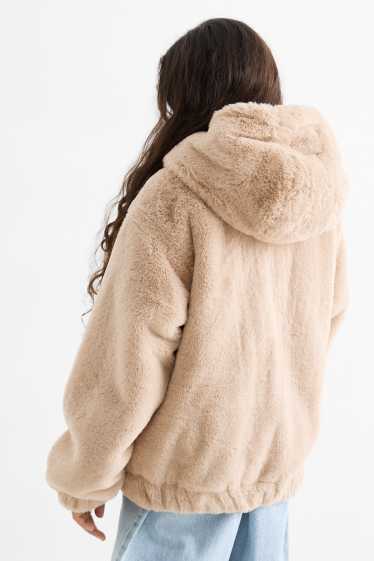 Kinder Mädchen - Kunstfelljacke mit Kapuze - beige