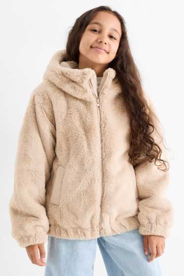 Kinder Mädchen - Kunstfelljacke mit Kapuze - beige