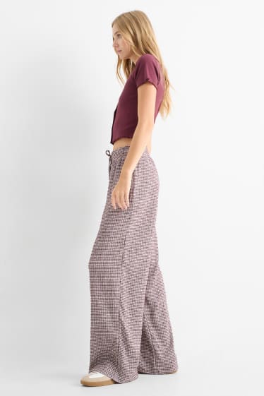 Damen - Jersey-Hose - Mid Waist - Wide Leg - gestreift - weiß / dunkelrot