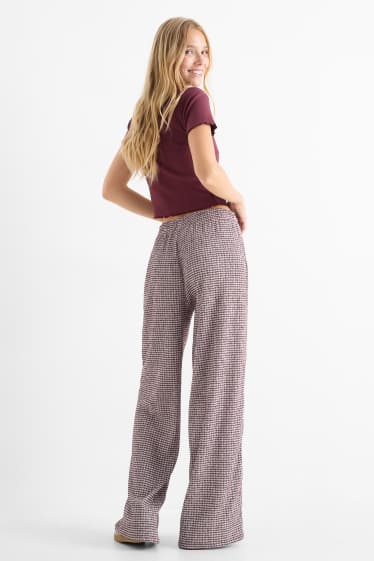 Damen - Jersey-Hose - Mid Waist - Wide Leg - gestreift - weiß / dunkelrot