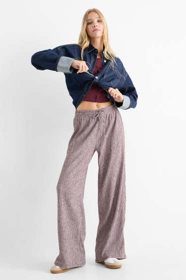 Damen - Jersey-Hose - Mid Waist - Wide Leg - gestreift - weiß / dunkelrot