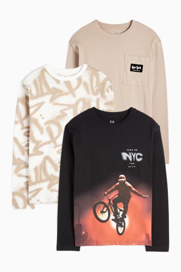 Děti - chlapci - Multipack 3 ks - BMX a graffiti - tričko s dlouhým rukávem - černá