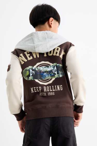 Kinder Buben - Skater - Collegejacke mit Kapuze - dunkelbraun