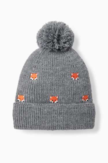 Baby: jongens - Vosje - babymuts met pompon - donkergrijs