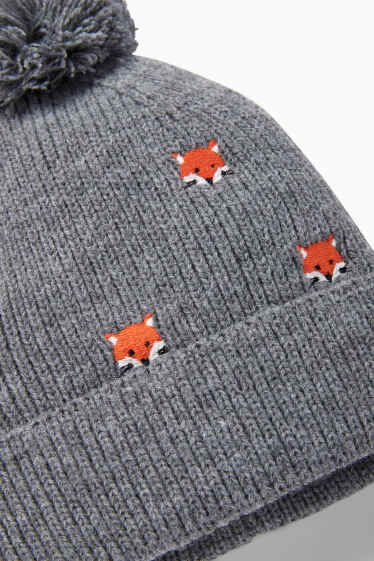 Baby: jongens - Vosje - babymuts met pompon - donkergrijs