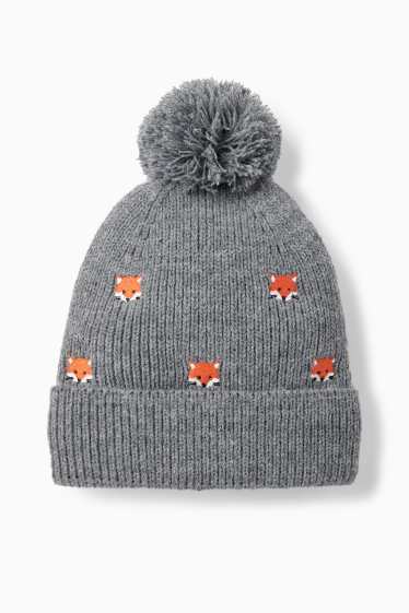 Baby: jongens - Vosje - babymuts met pompon - donkergrijs