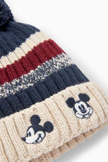 Baby: jongens - Mickey Mouse - gebreide babymuts met pompon - geribd - gestreept - donkerblauw