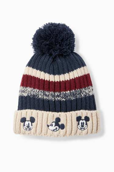Baby: jongens - Mickey Mouse - gebreide babymuts met pompon - geribd - gestreept - donkerblauw