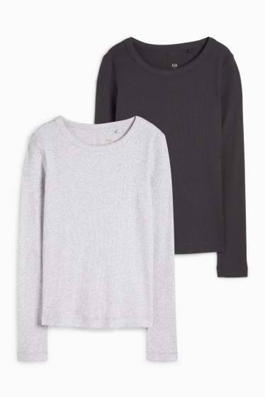 Damen - Multipack 2er - Basic-Langarmshirt - gerippt - dunkelgrau / hellgrau