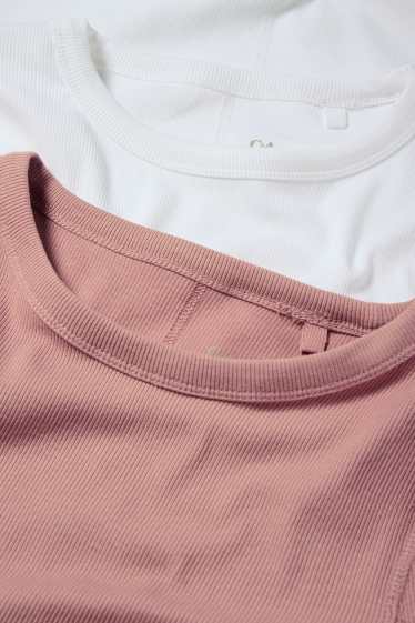 Damen - Multipack 2er - Basic-Langarmshirt - gerippt - dunkelrosa