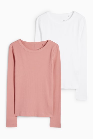 Damen - Multipack 2er - Basic-Langarmshirt - gerippt - dunkelrosa