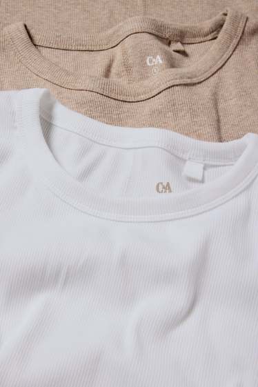 Damen - Multipack 2er - Basic-Langarmshirt - gerippt - weiss / beige