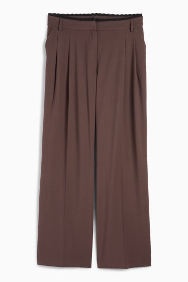 Dámské - Plátěné kalhoty - mid waist - wide leg - tmavohnědá