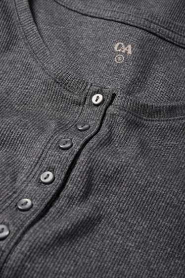 Dona - Samarreta bàsica de mànigues llargues d’estil henley - slim fit - acanalada - gris fosc