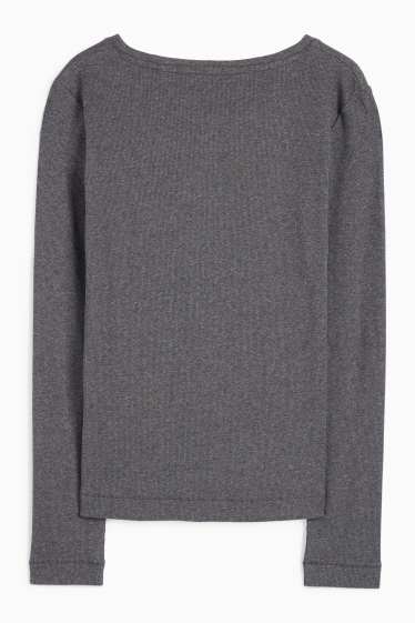 Dona - Samarreta bàsica de mànigues llargues d’estil henley - slim fit - acanalada - gris fosc