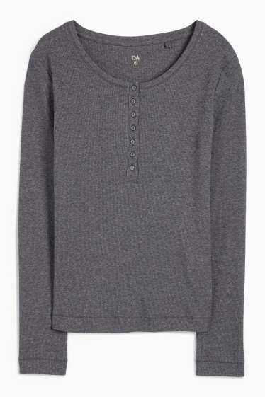 Dona - Samarreta bàsica de mànigues llargues d’estil henley - slim fit - acanalada - gris fosc