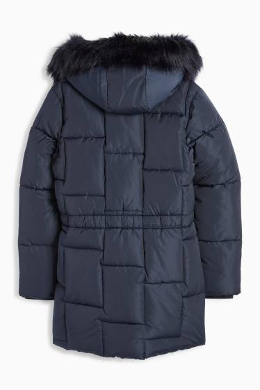 Kinder Mädchen - Steppjacke mit Kapuze und Kunstfellbesatz - dunkelblau