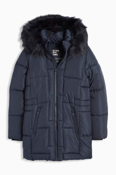 Kinder Mädchen - Steppjacke mit Kapuze und Kunstfellbesatz - dunkelblau