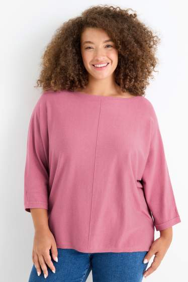 Dames - Gebreide trui - korte mouwen - fuchsiarood