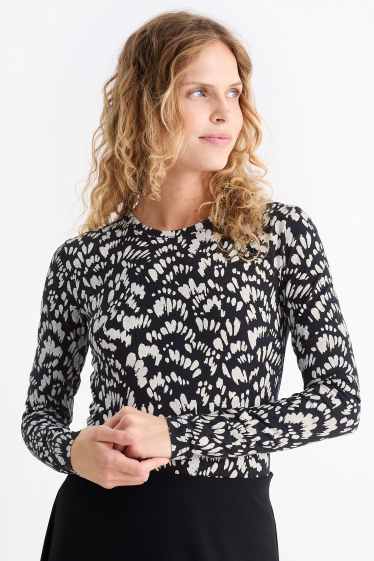 Damen - Basic-Langarmshirt - gemustert - schwarz / weiß