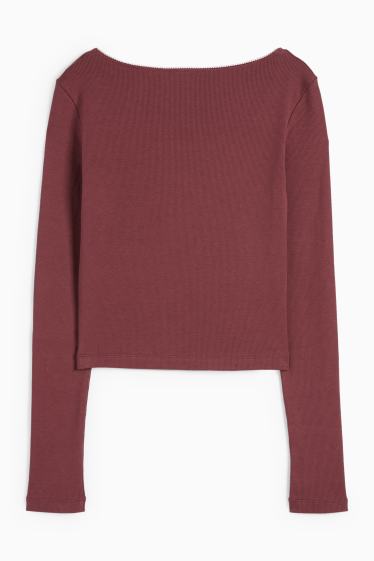Damen - Crop Langarmshirt - gerippt - bordeaux