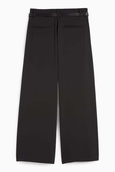 Dámské - Plátěné kalhoty s páskem - high waist - wide leg - černá