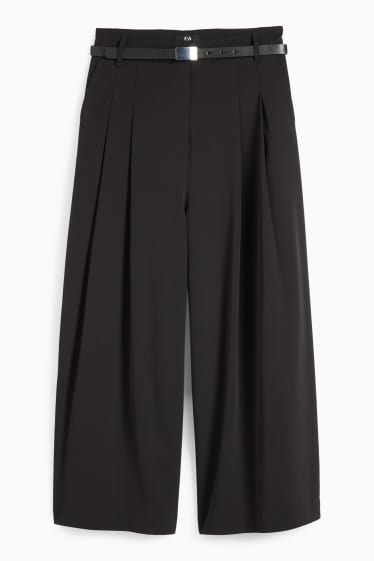 Dámské - Plátěné kalhoty s páskem - high waist - wide leg - černá
