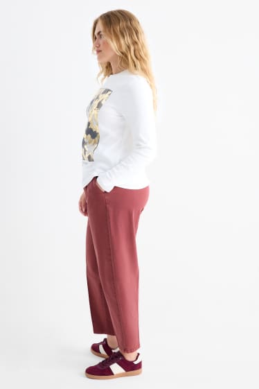 Femei - Pantaloni de stofă cu curea - talie înaltă - barrel leg - bordo