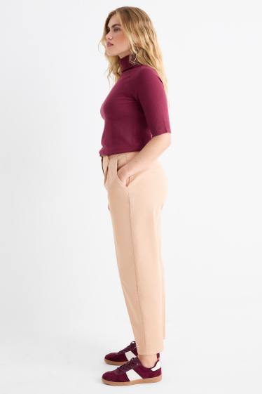 Femei - Pantaloni de stofă cu curea - talie înaltă - barrel leg - bej