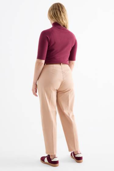 Femei - Pantaloni de stofă cu curea - talie înaltă - barrel leg - bej