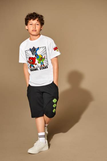 Kinder Buben - Brawl Stars - Set - Kurzarmshirt und Shorts - 2 teilig - weiß / schwarz