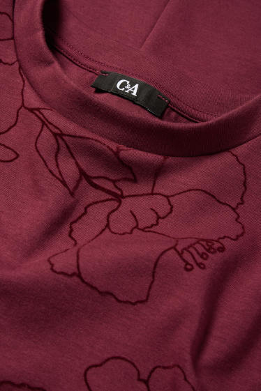 Femei - Rochie-tricou - cu flori - bordo