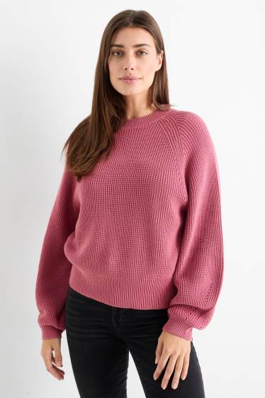 Damen - Pullover - gerippt - dunkelrosa