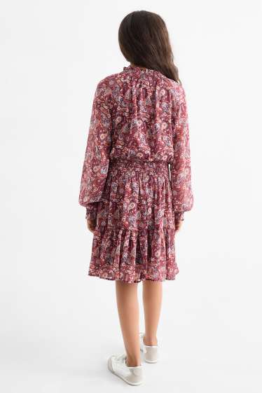 Kinder Mädchen - Kleid - gemustert - gesmokt - bordeaux