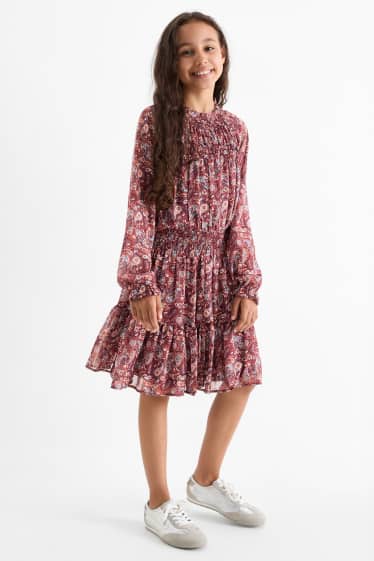 Kinder Mädchen - Kleid - gemustert - gesmokt - bordeaux