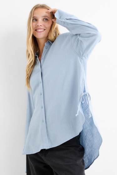 Dames - Blouse, deels met linnen - lichtblauw