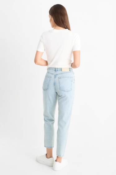 Damen - Mom Jeans mit Strasssteinen - High Waist - helljeansblau