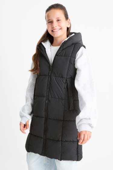 Kinderen: meisjes - Lange bodywarmer met capuchon - waterafstotend - zwart