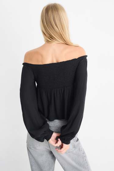 Damen - Crop Bluse - gesmokt - schwarz