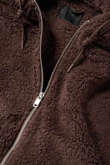 Women - Faux fur jacket with hood - dark brown
