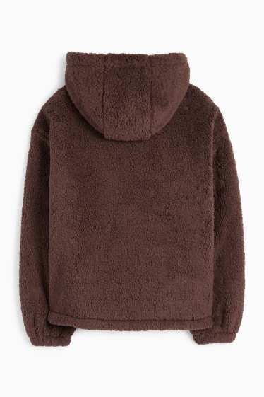 Women - Faux fur jacket with hood - dark brown
