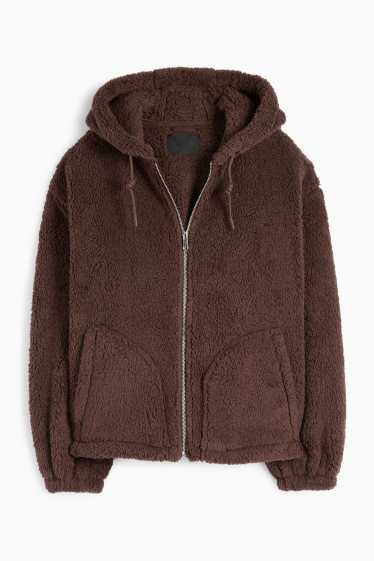 Women - Faux fur jacket with hood - dark brown