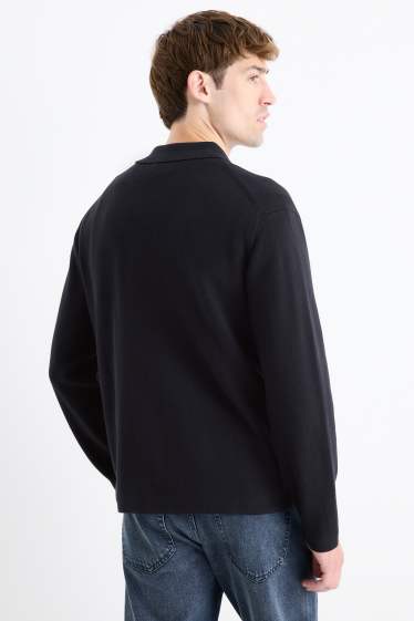Men - Knitted shirt - regular fit - kent collar - dark blue