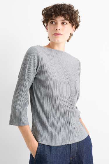 Damen - Plissee-Langarmshirt - grau