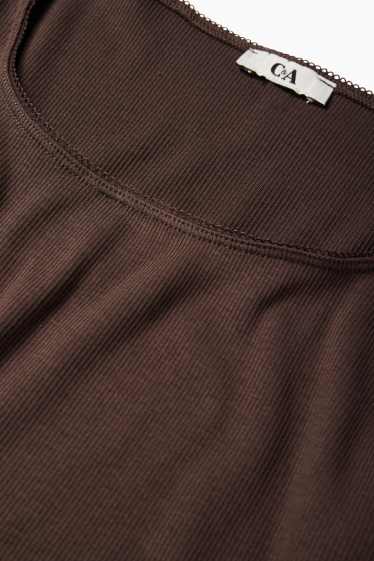 Femei - Tricou crop cu mânecă lungă - reiat - maro închis