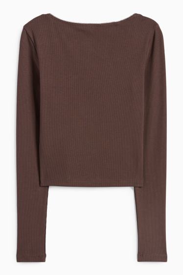 Femei - Tricou crop cu mânecă lungă - reiat - maro închis